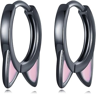 Black Cat Small Hoop Earrings Sterling Silver 925 Cute Animal Pet Pink Ears Cartilage Tragus Earrings Tiny Round Huggie Hoops Statement Earrings Fashion Jewelry Gifts for Women Girls BFF, Sterling Silver, No Gemstone