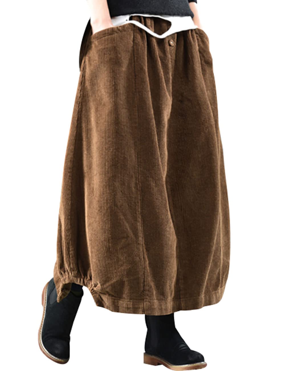 Bigassets Women's Vintage Long Ankle Length Elastic Waist Corduroy Skirts Brown