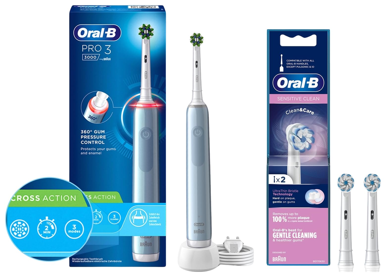 Oral B Pro 3 Electric Toothbrush, Rechargeable, Charger Included, 3 Pressure Modes for Adults & Oral B ORIGINAL Sensitive Electric Toothbrush Soft Replacement Brush Heads,Pro,Smart Series, 2 refills-image-16