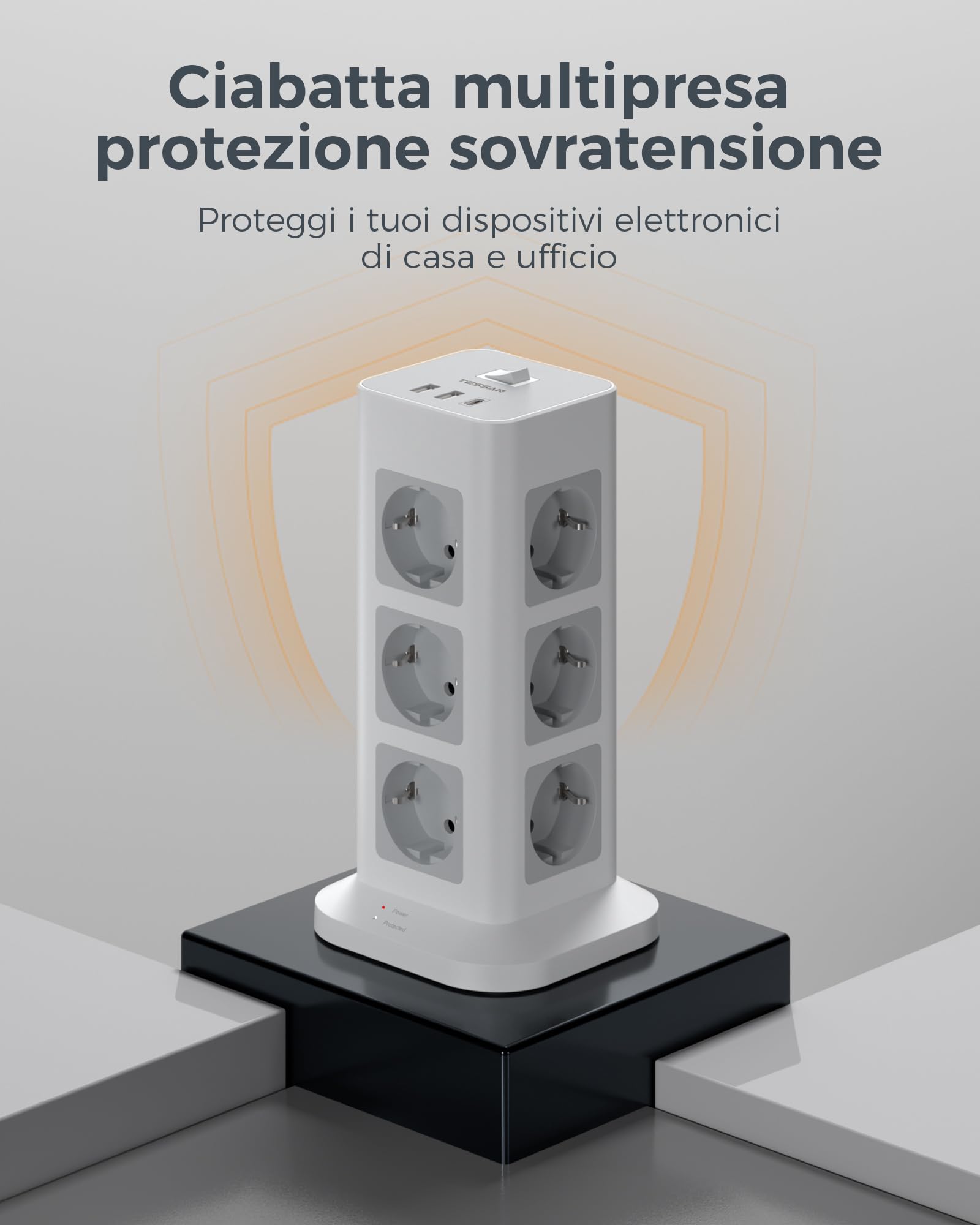 TESSAN 12 Prese Ciabatta Multipresa con USB, Multipresa Elettrica con Cavo 5M, Torretta Presa con USB C, Ciabatta Elettrica con Protezione Sovratensione
