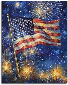 NTEUMM 4th of July Canvas Print Wall Art, American Flag Painting Artwork for Living Room, Patriotic Independence Day Pictures, Americana Modern Home Wall Decor Canvas Roll 16x20 inch