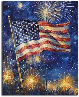 NTEUMM 4th of July Canvas Print Wall Art, American Flag Painting Artwork for Living Room, Patriotic Independence Day Pictures, Americana Modern Home Wall Decor Canvas Roll 16x20 inch