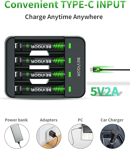 Miniatura 5 de BEVIGOR Baterías AA recargables con cargador, 2800 mAh, paquete de 4 baterías NiMH Double A con cargador inteligente de 4 bahías USB de carga rápida