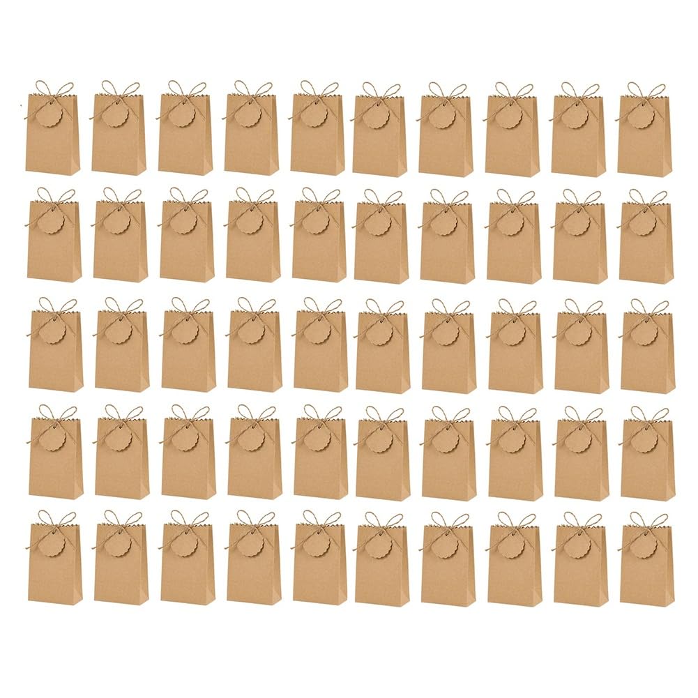 CTRLZS 50Pcs Paper Gift Box with Ribbon Tags Cookie Candy Packaging Bag Wedding Birthday Party Decor Supplies Brown