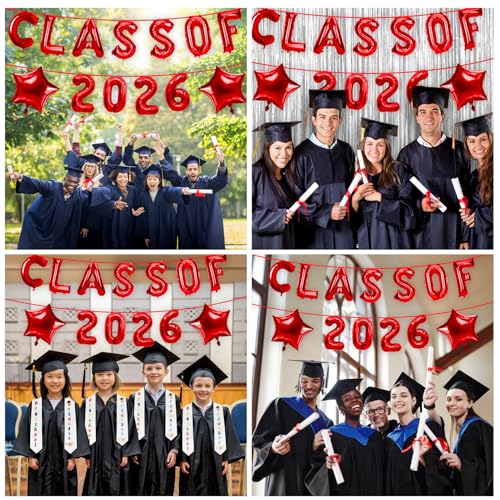 Image of Graduation Balloons, Class of 2026 Balloons, 16 Inch Red Grad Class of 2026 Letters Foil Balloon with Star Balloons, Class of 2026 Decorations for High School College Graduation Party Decorations