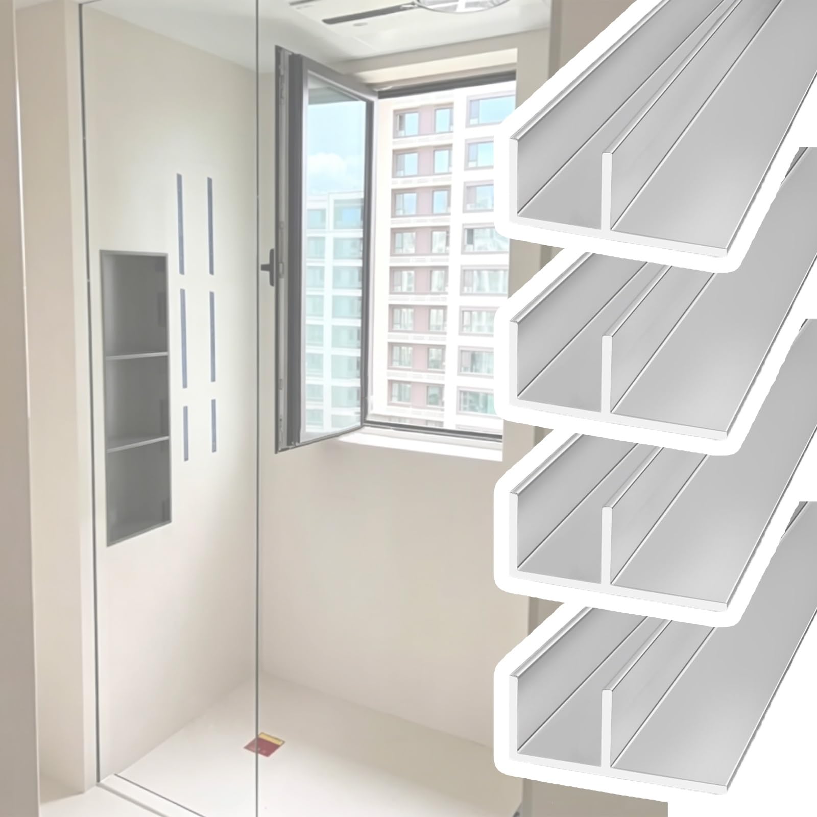 Djphofs 4Pcs Versatile F Type Glass Fixed Slot Silver, Heavy-Duty Shower Fixed Channel For Glass Panel, Sturdy Aluminum Alloy F- Shower Glass Channel(,L1.5m(59In) W10.3mm(0.41In))