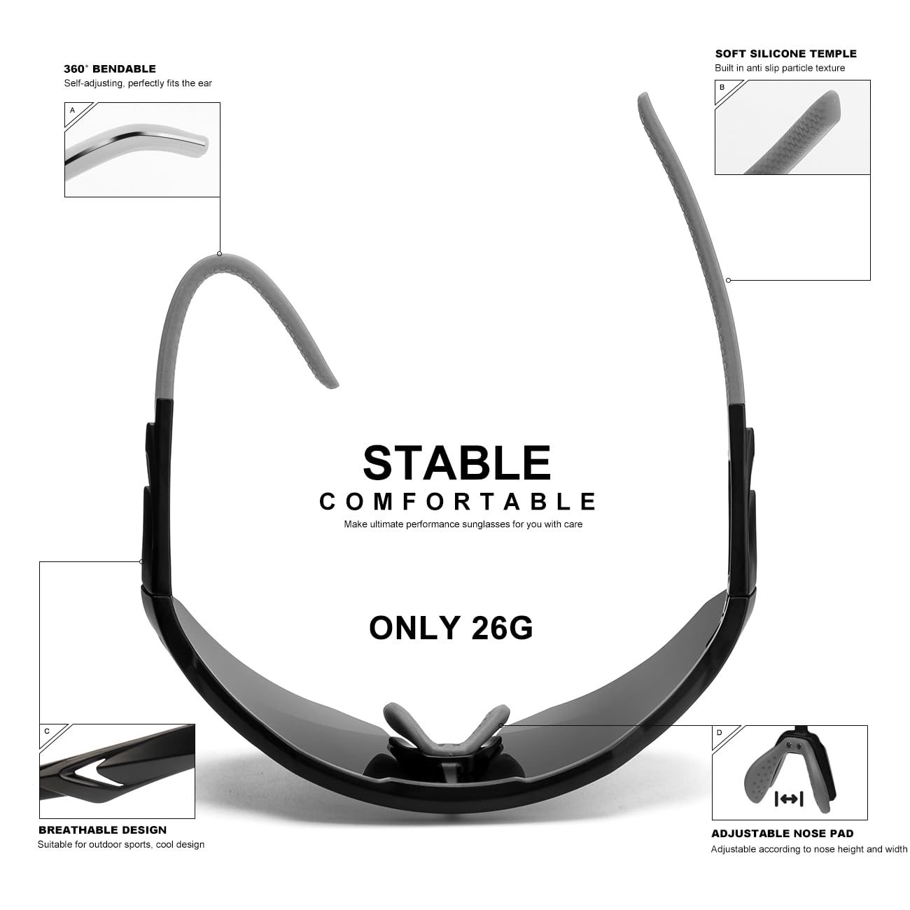 SEKKAF Gafas de sol deportivas polarizadas para hombres y mujeres, protección UV, ligeras, para correr, ciclismo, almohadillas antideslizantes para la nariz