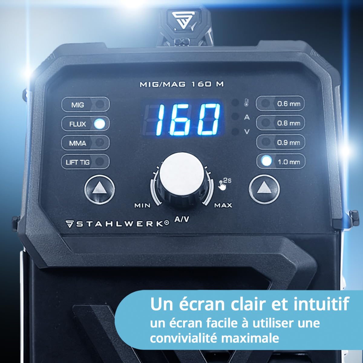 STAHLWERK Poste à Souder MIG/MAG 160 M – Kit complet – Onduleur Combiné 5-en-1 Compact de 160 A pour FLUX (Fil Fourré), MMA (ARC) & Lift-TIG (DC), Seulement 6,8 kg, Hotstart et Anti-Stick