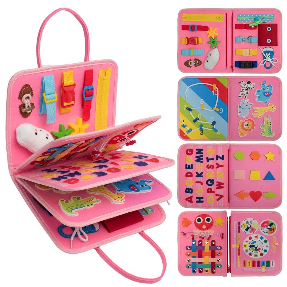 Tweens Montessori Busy Board for Toddlers – 8 Pages Preschool Busy Book, Felt Sensory Activity Board for Fine Motor Skills, Educational Travel Toy for Kids, Baby, Boys & Girls, Autism Learning Toy