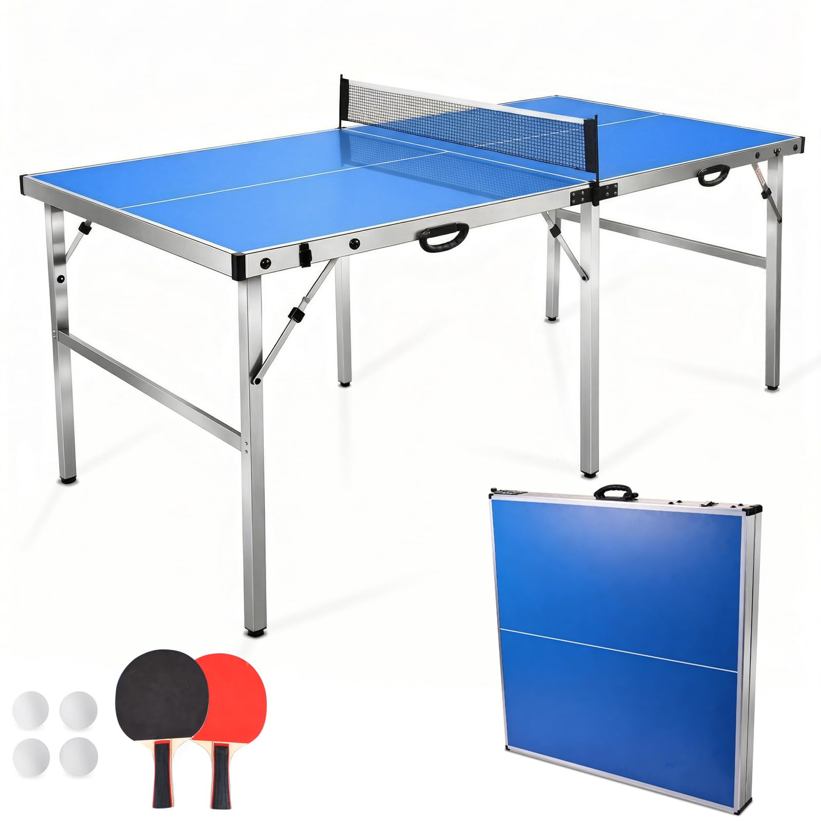 Klappbarer Tischtennistisch, 182 x 91 x 76 cm, wetterfest, mit Griff und Netz, inklusive Zwei Schlägern und Ball, geeignet für Innen- und Außenbereich