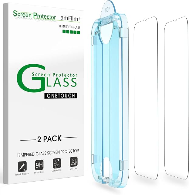amFilm 2 Pack OneTouch Compatible with iPhone 14 (6.1" 2022) and iPhone 13/iPhone 13 Pro 6.1" Tempered Glass Screen Protector with Easy Installation Kit, Full Coverage Case Friendly