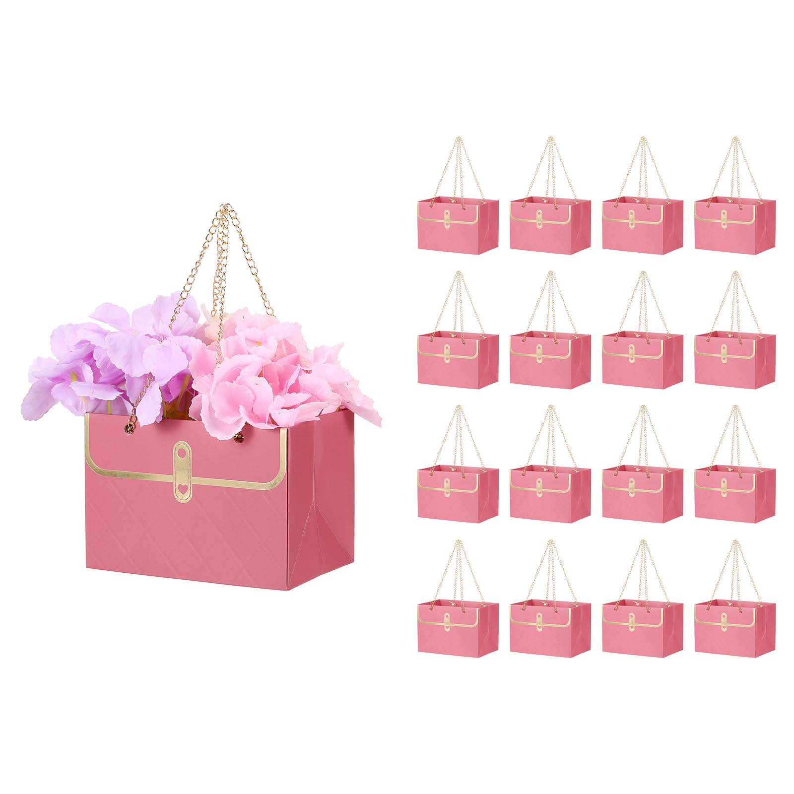 PATIKIL Paper Flower Gift Bags (16Pcs, Dark Pink) Bouquet Storage Bucket Florist Handbags with Metal Chains, Suit for - Wedding/Gift Wrap/Birthday/Party/Mother's Day