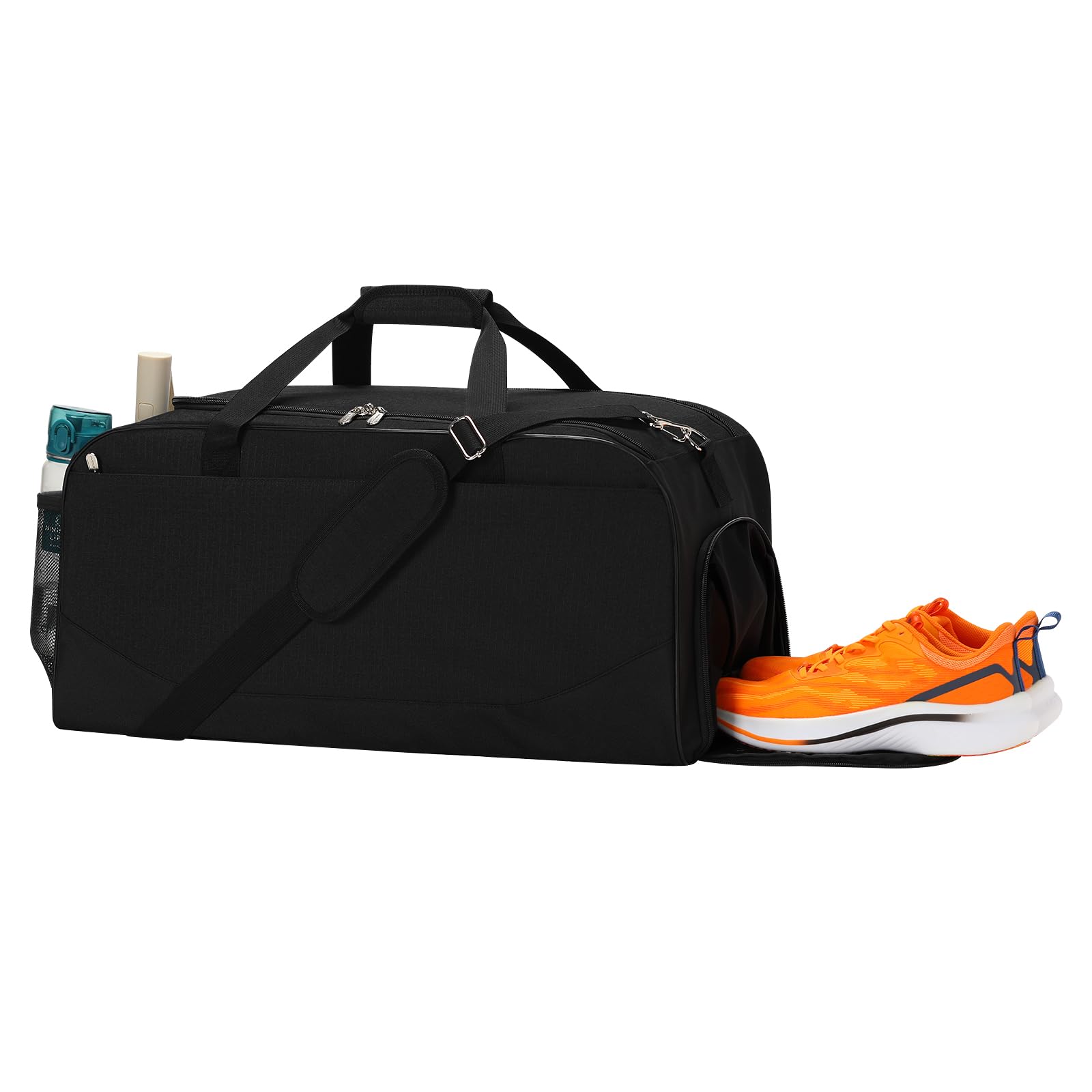LONALIA 47L Gym Duffle Bag with Shoe Compartment - 24 inch Sport Bag with Trolley Sleeve for Weekend, Travel, Overnight - Black