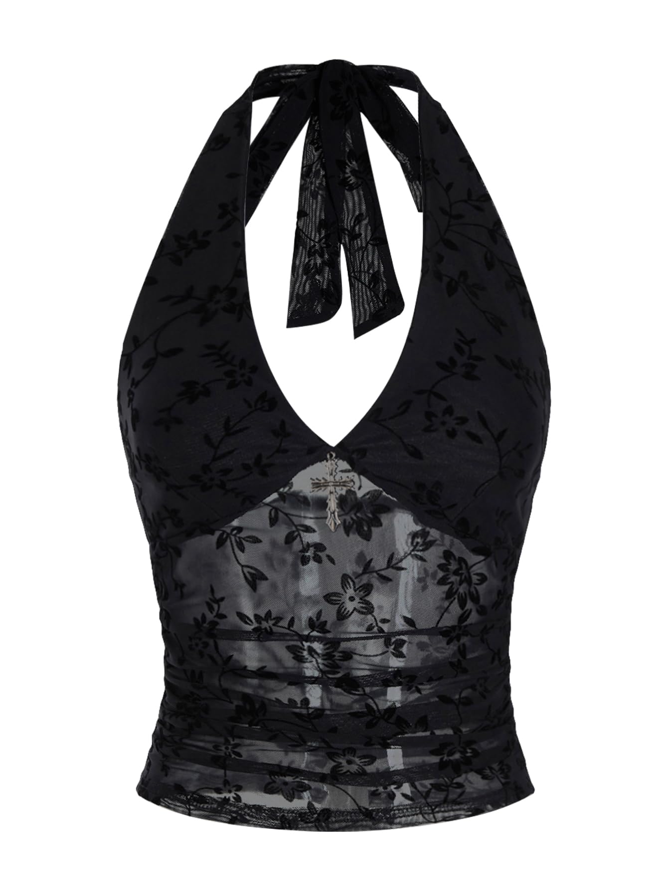 Verdusa Women's Y2k Gothic Goth Halter Top Mesh Sheer Backless Going Out Tops Emo Grunge Clothes Rave Outfits