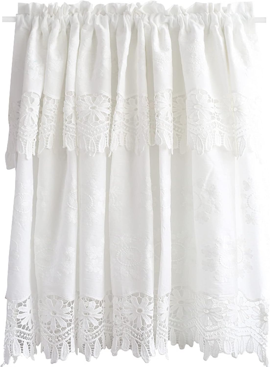 A.Monamour Rural Short Curtain for Small Window White Cotton Lace Floral Embroidery Textured Window Treatment Valance Window Panel Drapes Curtain for Kitchen Café Bedroom Cabinet Curtain Door Curtain