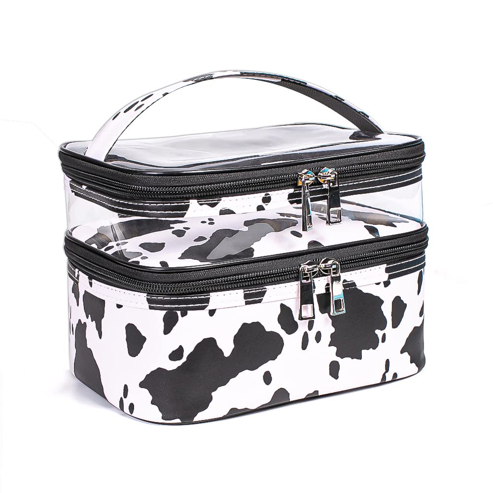 imerelez Double-layer Cosmetic Bag Makeup Bag Travel Makeup Bag Makeup Bags for Women Cosmetics Cases Portable Waterproof Foldable (Cow Print)