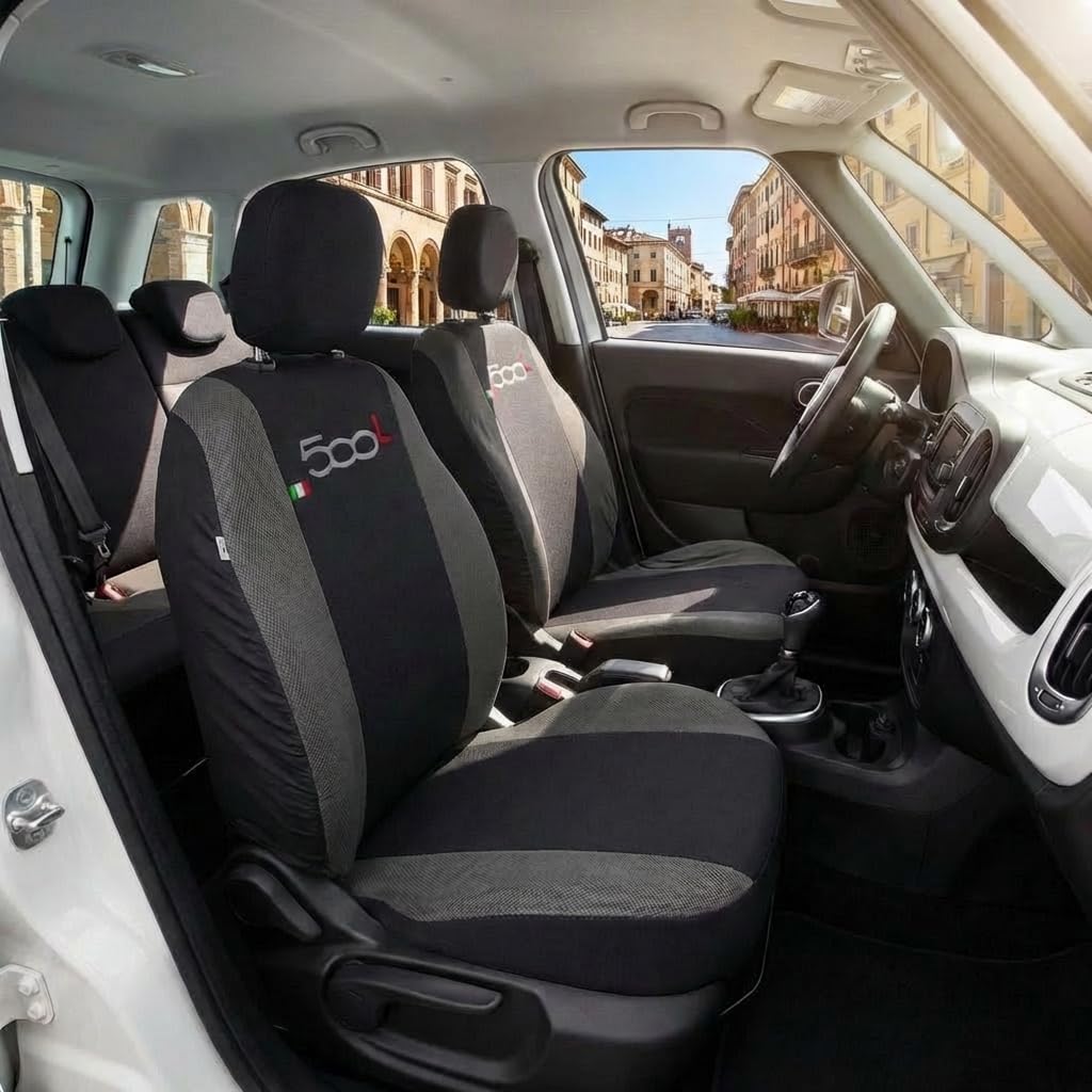 Lupex Shop Copri-sedili Auto Compatibili 500L Nero Grigio scuro | Set Copri-Sedile Anteriori e Posteriori | Logo Ricamato | Airbag Compatibile | Accessori Auto Interno