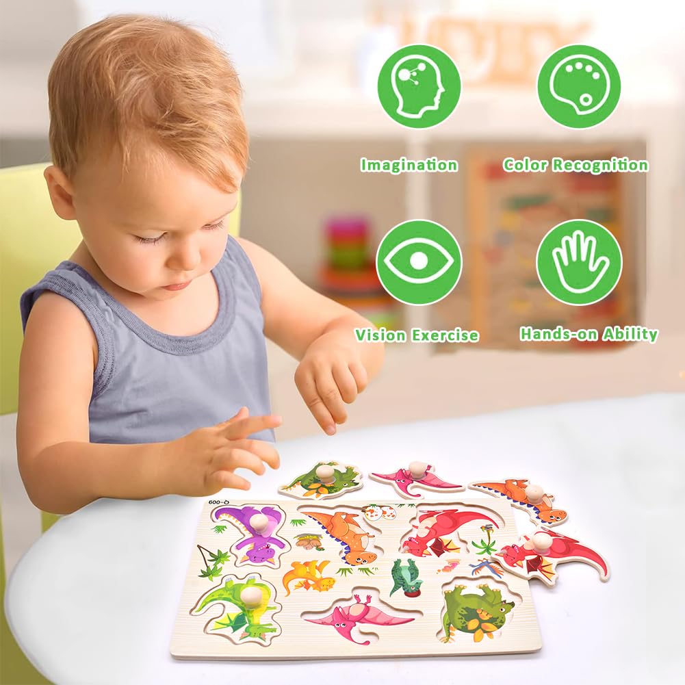 Dinosaurios Puzzle de Madera, Dinosaurios Rompecabezas de Madera Juegos, Puzzle Madera Infantil, Motricidad Fina y Concentración, Juguetes Bebes Educativos Regalos para Niños Niñas