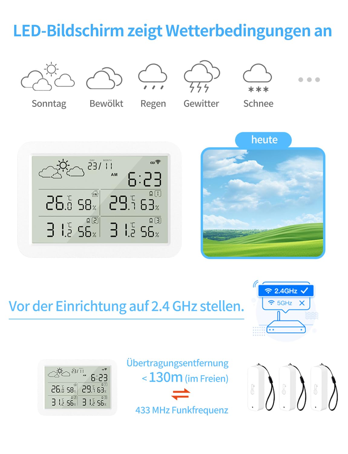 WLAN Thermometer Hygrometer Innen Außen mit LCD-Display, WiFi Temperatursensor mit App, Tuya/Smart Life Kompatibel für Weinkeller, Gewächshaus, 4 Sensoren und 1 Basisstation