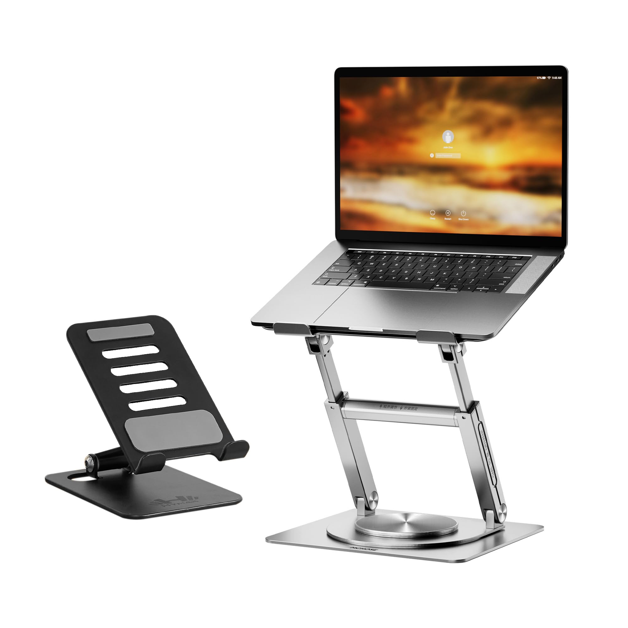 2 sets Stand,1pcs cell phone stand and 1pcs 24Thunder_Mchose Aluminum Laptop Stand for Desk, Ergonomic Sit & Stand for Good Posture, Compatible with MacBook Pro, All Laptops 10-17"-Silver