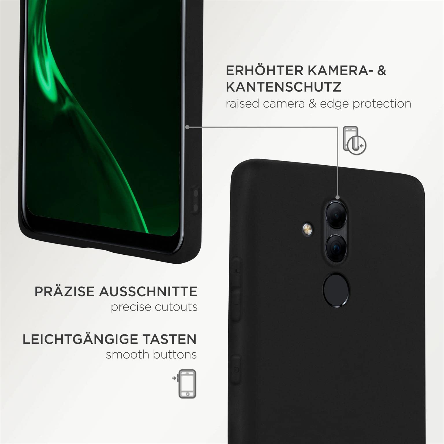 ONEFLOW Coque souple compatible avec Huawei Mate 20 Lite, coque en silicone, bord surélevé pour la protection d'écran, double couche, coque souple pour téléphone - Onyx-Noir mat