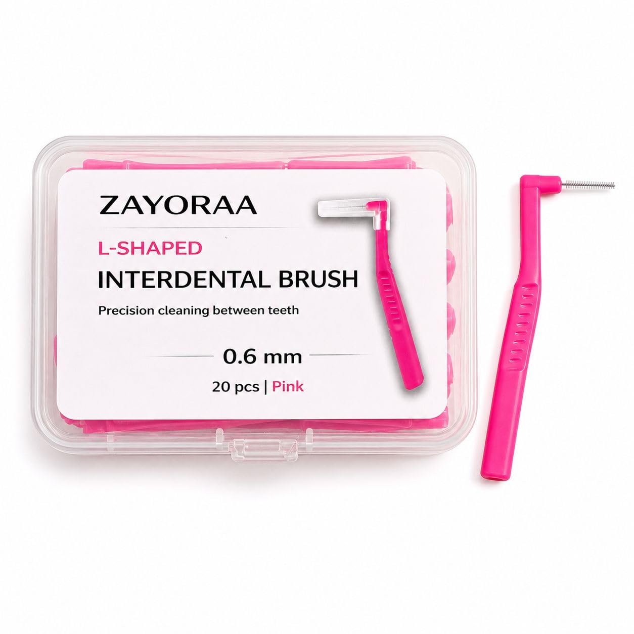 L-Shaped Interdental Brush, Pink, 0.6 mm, Pack of 20, Soft Nylon Bristles, with Reusable Storage Case-image-13