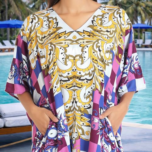 Image of Miss Lavish London Purple Floral Kaftan Dress for Women V Neck Batwing Sleeve Maxi Beach Cover Up, Ethnic Rose Print Plus Size Caftan with Side Slits & Pockets, Resort Wear Swimsuit-Purple-S