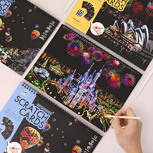 10 PCS Cityscape Scratch Art Book for Teen & Adults: DIY Colorful City Series Painting Paper | ASMR Stress-Relief Engraving Kit Scratchboard | DIY Sketch Card Creative Craft Toy (Travel Landmarks A) by VTEAS - Image 8
