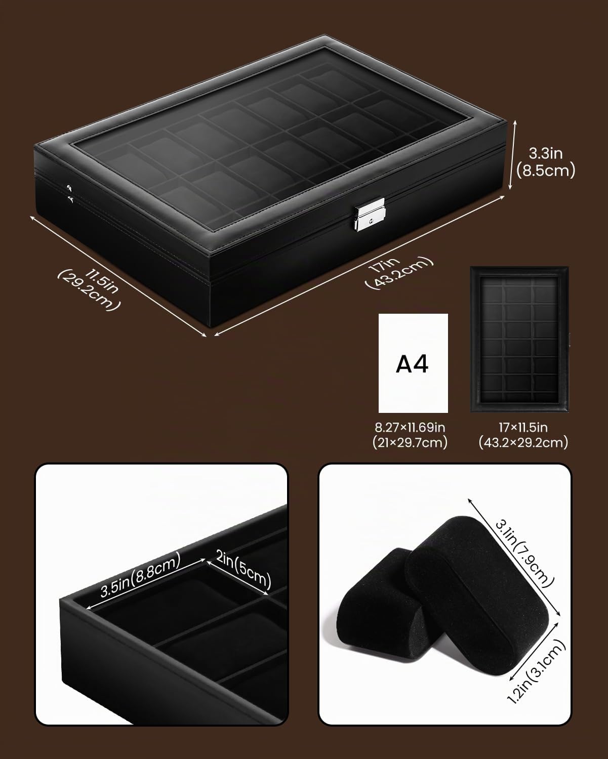 Uten Boîte à Montres 24 Compartiments, Coffret à Montres en PU, Couvercle en Verre, Coffret de Rangement pour Montres, Doublure en Velours Noire, Idée Cadeau