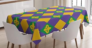 Ambesonne New Orleans Tablecloth, Mardi Gras Themed Rhombuses with Fleur De Lis Motifs Classic Geometry, Rectangular Table Cover for Dining Room Kitchen Decor, 52" X 70", Violet Yellow