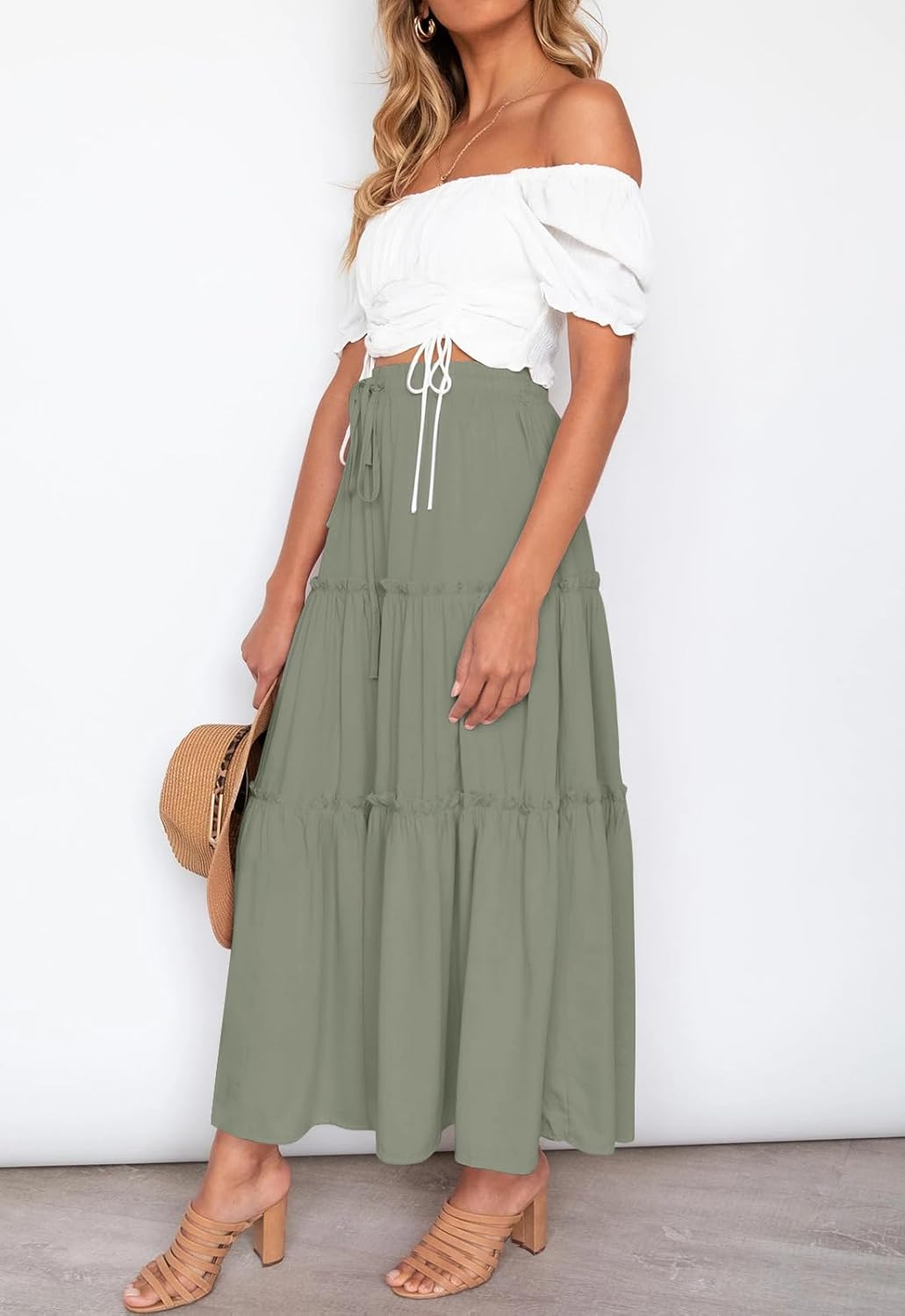 HAEOF Womens Summer Flowy Boho Maxi Skirt Elastic High Waist A Line Pleated Tiered Trendy Beach Long Skirts with Pockets - Image 4
