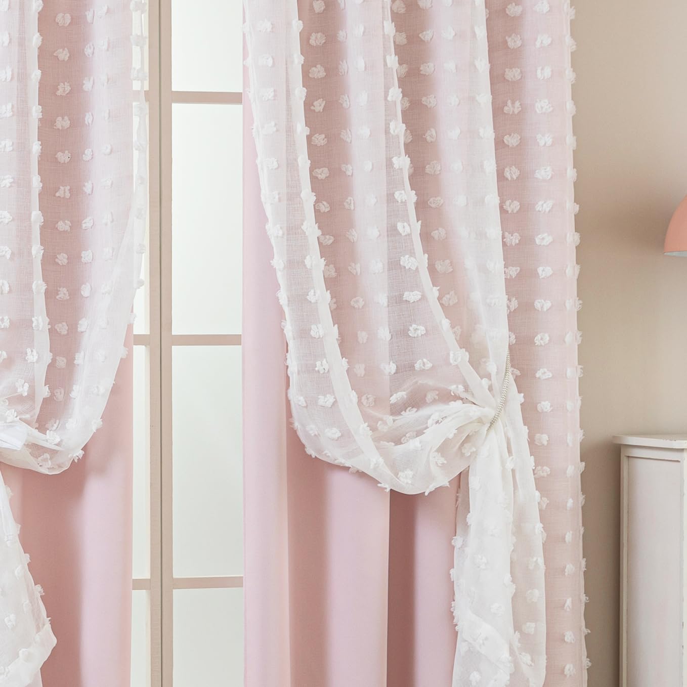 Cortinas con Pompones en la Parte Trasera Rosa y Blanco para habitación de niñas, Dormitorio, baño, Cuarto de bebé, Cortinas de Doble Capa de 45 Pulgadas de Largo
