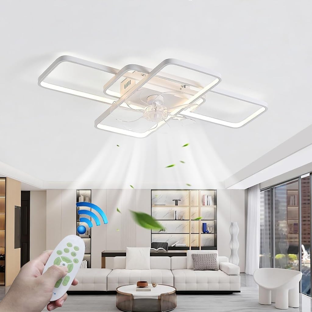 HXYSXHJUO Ceiling Light with Fan, LED Fan Remote Control and APP Quiet 80W Geometric Lighting Dimmable Lamp Timer for Bedroom Living Room Dining (