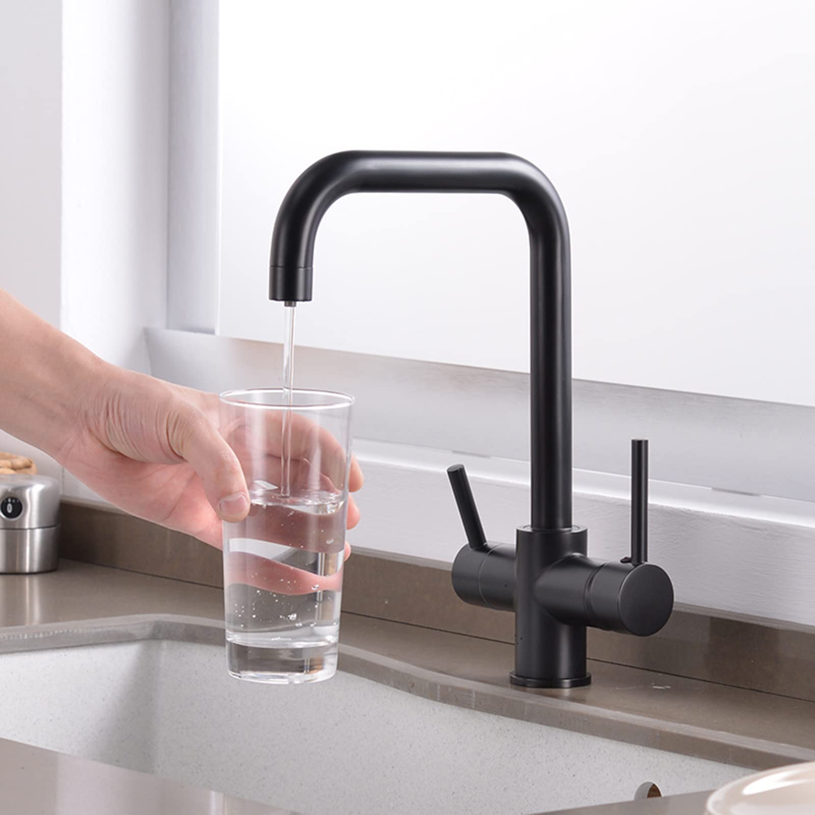 Grifo Cocina 3 Vias Negro Grifo para Depuradora Latón Giratorio Multifuncional Grifo para Fregadero de Cocina C