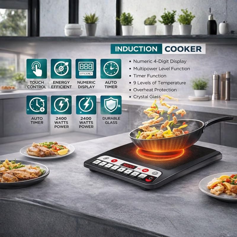 Image of Drumstone (๐๐-๐๐๐๐ซ๐ฌ ๐ฐ๐๐ซ๐ซ๐๐ง๐ญ๐ฒ) 2000W Induction Cooktop with Touch Control, Digital Infrared Electric Stove, Fast Heating Glass Top, 8 Cooking Preset Menus