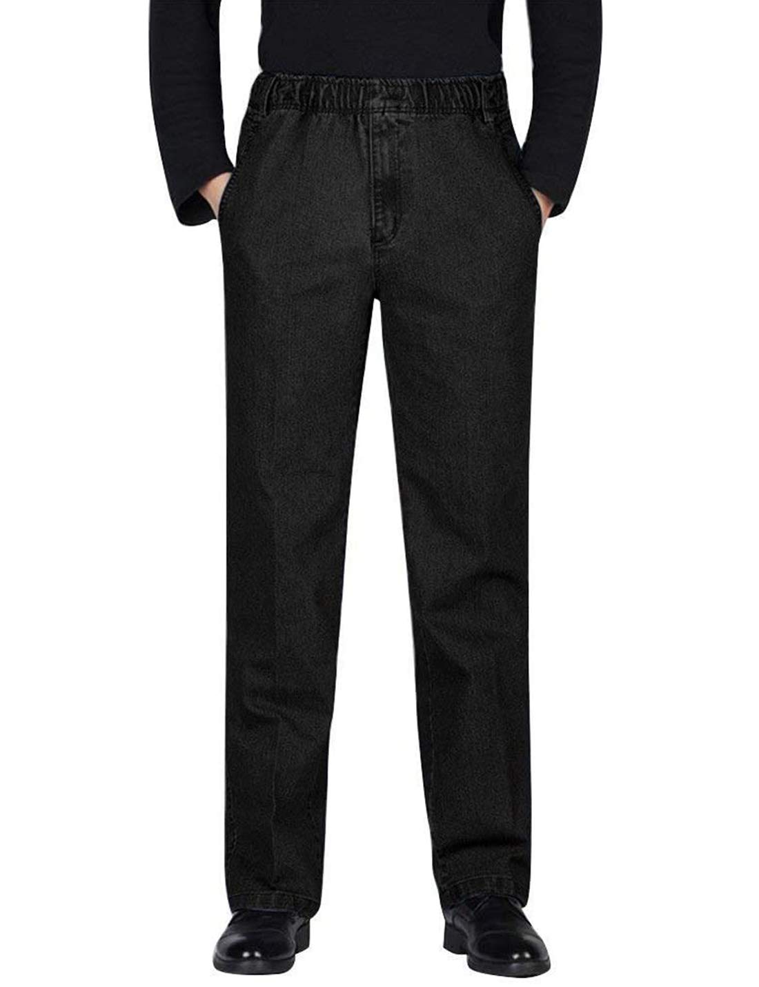 Locachy Men’s Elastic Waist Denim Pants Casual Loose Straight Jeans - Black - 34