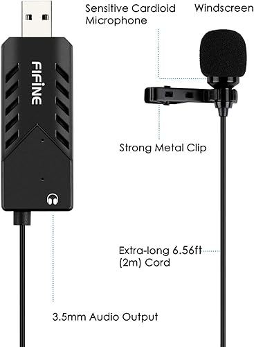 Miniatura 2 de FIFINE Micrófono de solapa Lavalier USB, condensador cardioide con clip, micrófono USB Plug and Play con tarjeta de sonido para PC y Mac-K053