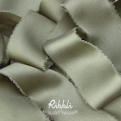 Ribbli Dusty Sage Green Silk Satin Ribbon 1.5 Inch x 30 Yard Handmade Frayed Chiffon Dusty Sage Ribbon for Gift Wrapping Wedding Invitations Bridal Bouquets Home Decor