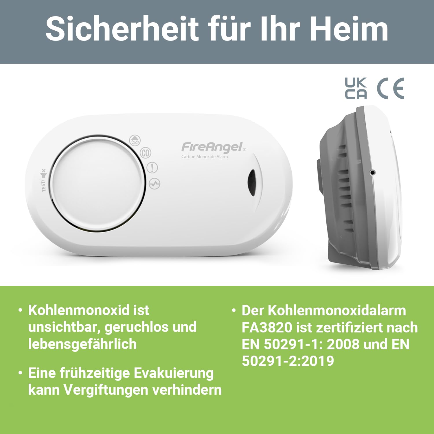 Fire Angel Kohlenmonoxidmelder Versiegelte 10 Jahres Batterie - FA3820 CO-Melder für Zuhause und im Urlaub - Tragbarer CO-Warner - Reise-Kohlenmonoxid-Detektor und Alarm - Weiß