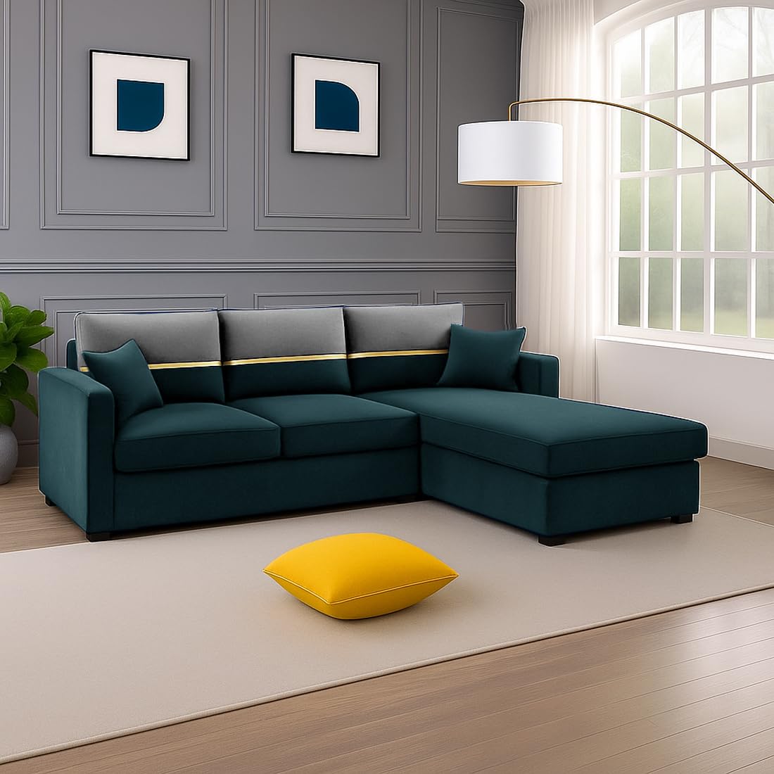 FURNY Arnoy 4 Seater Fabric RHS L Shape Sofa Set with Extra Cushions (Greenish Teal) | Premium Velvet Finish | Ideal of Living Room