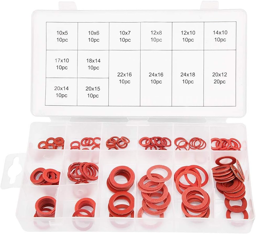 Jadeshay Fibre Washer,150 Pcs Fibre Washers Assorted Kit Red Steel Paper Insulation Washer Assorted Set with a Storage Box 14 Sizes Included for Electrical Equipment and Industrial Manufacturing
