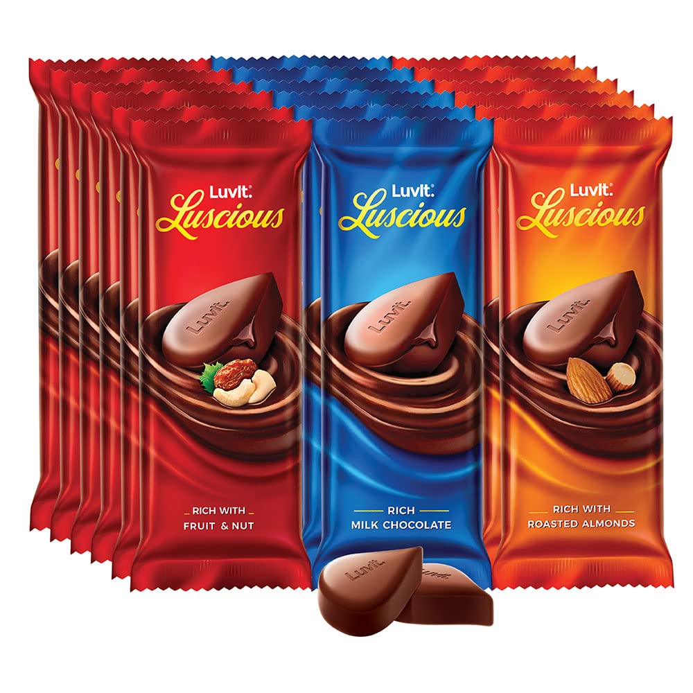 LuvIt Luscious Milk Chocolates Bar | Combo Pack of Milk, Fruit & Nut, Roasted Almond | Deliciously Smooth | Pack of 18-948g