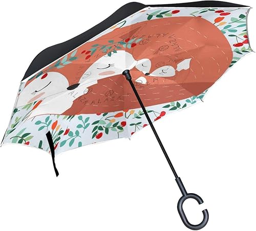 ALAZA Paraguas de lluvia con estampado de zorro animal, resistente al viento, apertura y cierre invertido, al revés, de calidad, impermeable, con