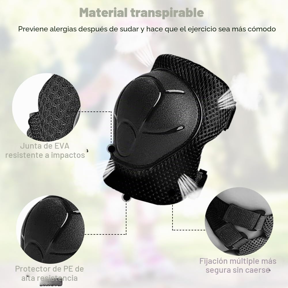 mizikuu Casco Bici Niño, 7 In 1 Set de Protecciónes Infantiles Adjustables Rodilleras Coderas y Muñequeras Almohadilla De Seguridad Protector para Patinar, Bicicleta, BMX, Monopatín, Aeropatín, Negro