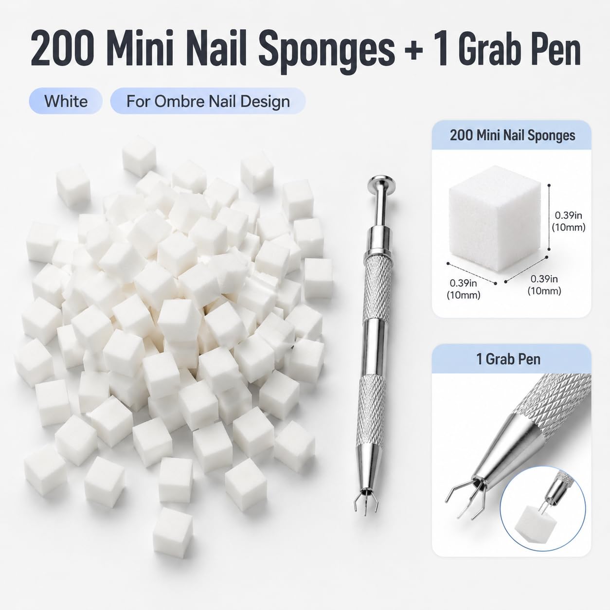 Ombre Nail Art Sponge Set with Holding Pen – 200 Soft Sponges + 1 Grab Tool for Aura and Gradient Manicure