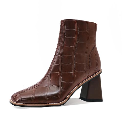MOTIMODEN Womens Ankle Boots Chunky Mid Heel Booties Retro Square Pointed Toe Side Zipper Short Boots Heeled Shoes for Women Fall Winter