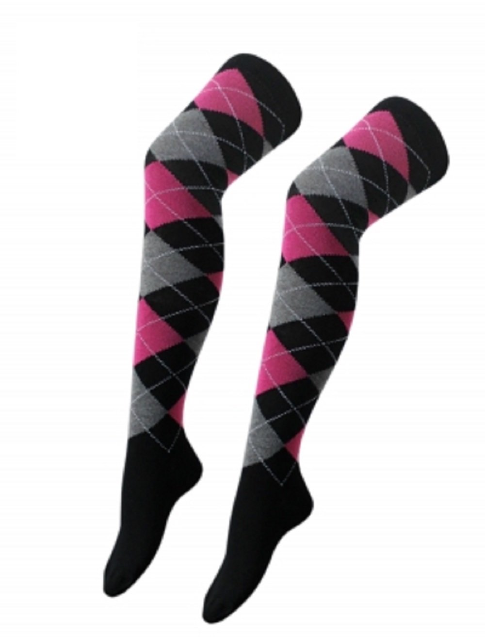 Argyle Over The Knee Socks Ladies Thigh High Diamond Check Pattern Golf Socks 4-6 (Black With Pink & Grey Argyle)