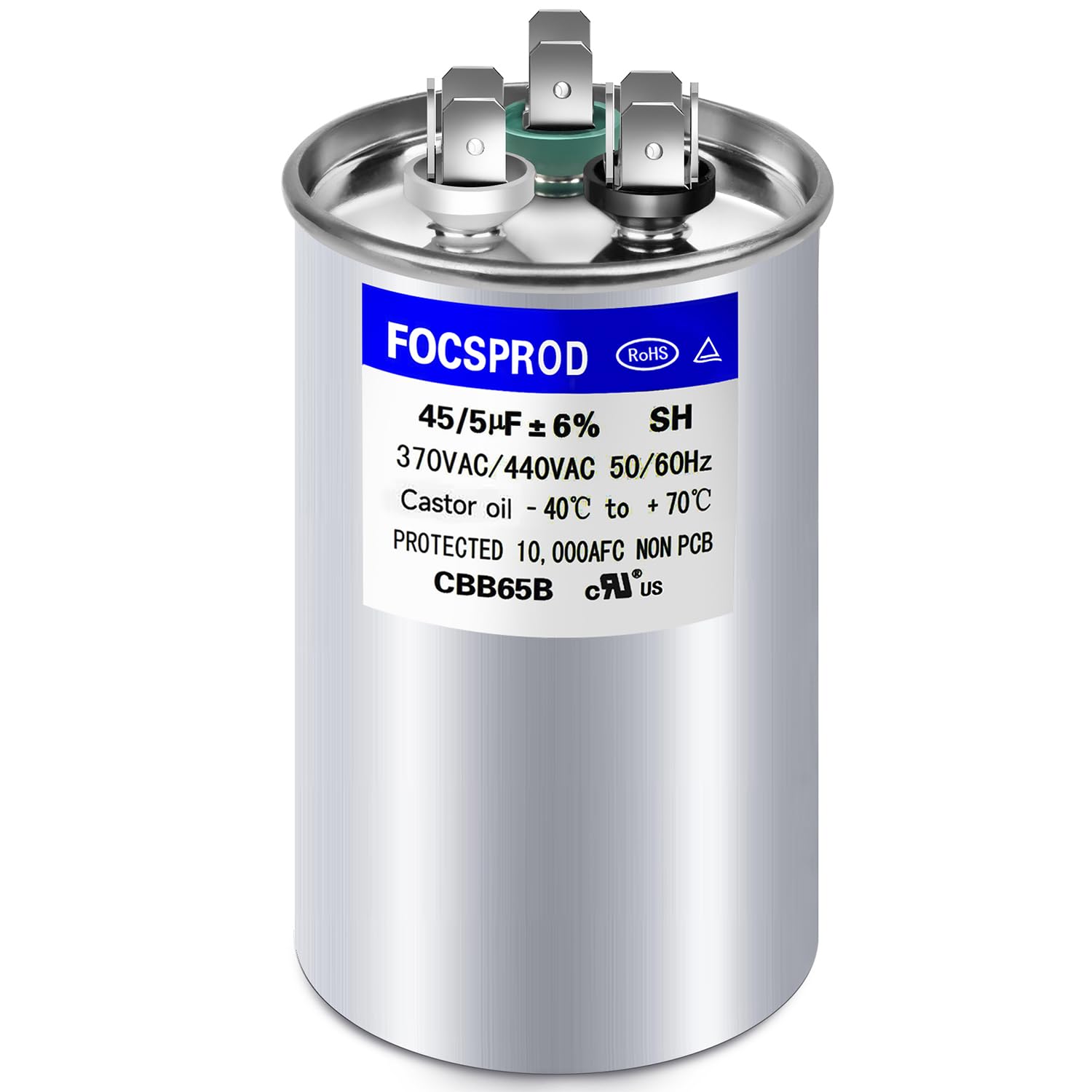 Photo 1 of [UL Recognized] FOCSPROD 45+5 uF 45/5 MFD ±6% 370V/440V CBB65B AC Capacitor, Dual Run Round Capacitor Replacement, 45 5 uF 440 Volt HVAC for AC Unit Fan Motor Start or Heat Pump or Condenser Straight