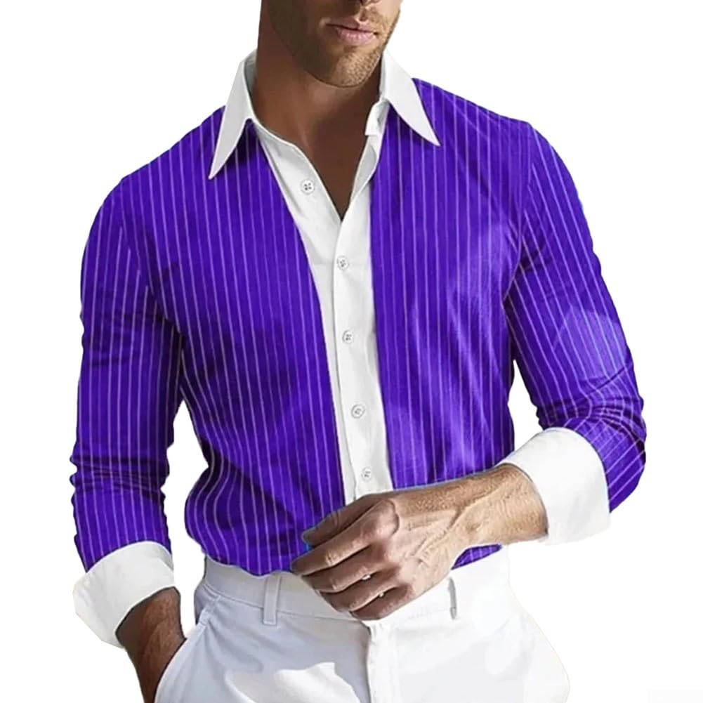 Elegante camicia a righe a maniche lunghe da uomo, perfetta miscela di comfort e stile (2XL viola)