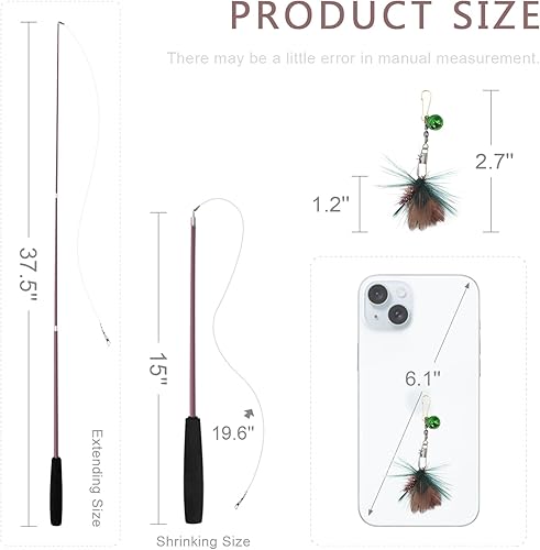 Miniatura 5 de SONGWAY Cat Teaser Wand Toy  Juego de 10 piezas de juguete de plumas de insectos y gatos con varita retráctil y recambios de plumas con campana,